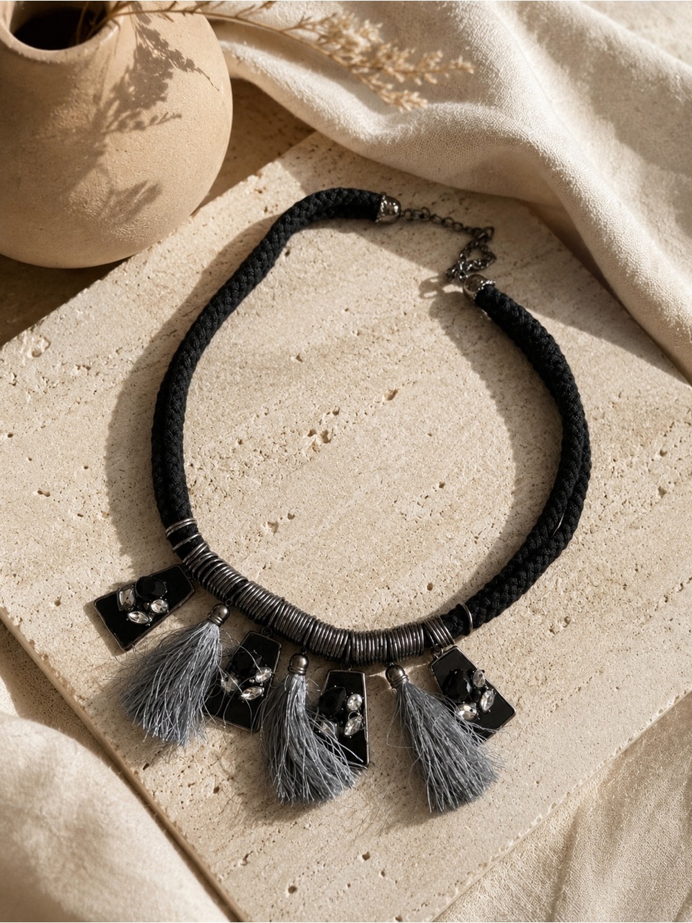 Boho Statement Tassel Necklace|Black & Silver Bib Necklace